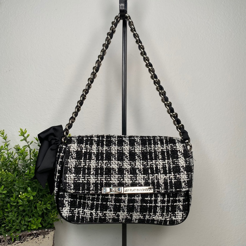 My Flat In London Colette Flap Bag Black White Tweed‎ Bow Chain Strap H62153
